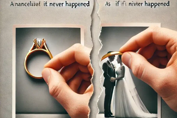 Illustration comparing annulment vs. divorce, with a split image of broken rings and wedding figures, highlighting differences in legal processes