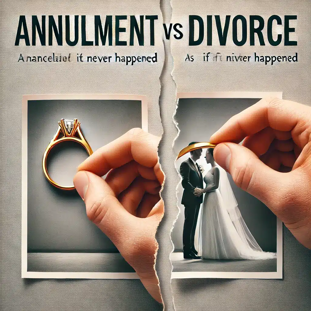 Illustration comparing annulment vs. divorce, with a split image of broken rings and wedding figures, highlighting differences in legal processes