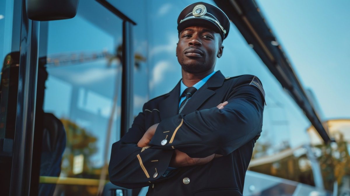 A police officer in uniform stands confidently in front of a bus, symbolizing authority and community service