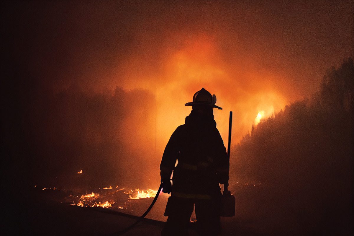 A firefighter stands resolutely in front of a blazing fire, ready to combat the flames and protect the community