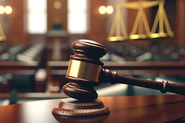 Judge's gavel resting on a wooden table in a courtroom, symbolizing authority and legal proceedings