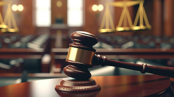 Judge's gavel resting on a wooden table in a courtroom, symbolizing authority and legal proceedings