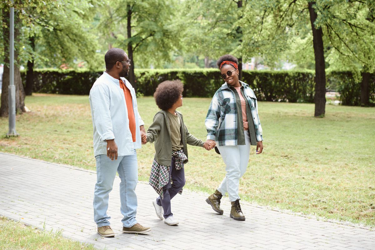A happy family walking at the park