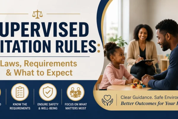 Supervised visitation rules infographic featuring parent-child meeting with counselor, highlighting family law guidelines, child safety, custody requirements, and supervised parenting time expectations