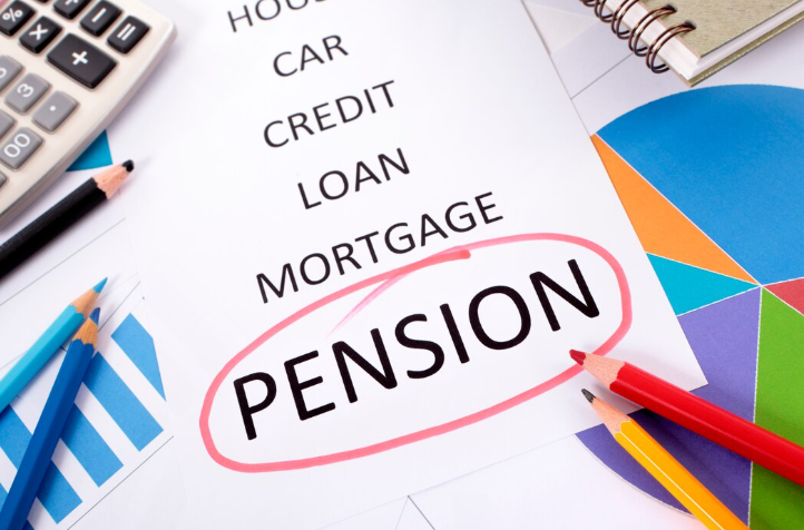 Pension planning concept with financial documents, calculator, charts, and the word “pension” highlighted, representing retirement savings, pension benefits, financial security, and long-term retirement planning.