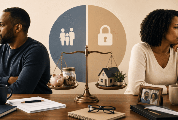 Divorcing couple sitting apart with scales of justice balancing financial assets and the family home, representing property division, asset protection, equitable distribution, divorce settlements, family law disputes, and legal guidance during divorce proceedings.