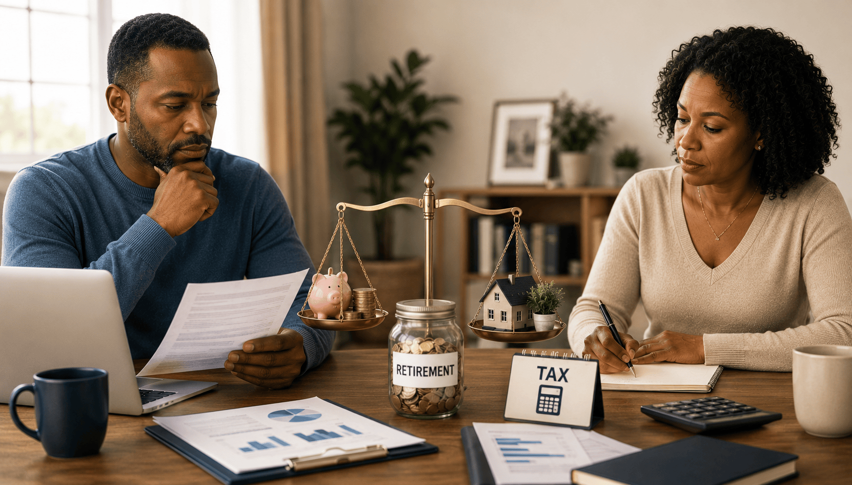 Divorcing couple reviewing financial documents with retirement savings, taxes, and marital assets displayed on scales of justice, representing retirement account division, tax considerations, property settlements, equitable distribution, and divorce financial planning.