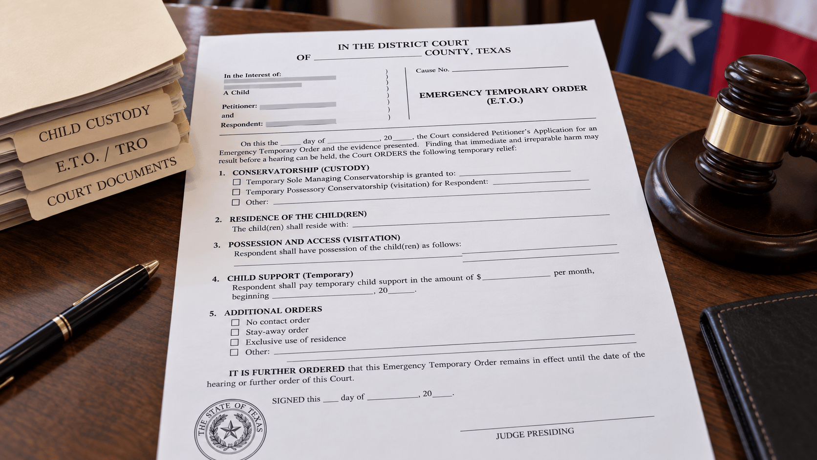 Texas emergency temporary child custody order document with court files and judge’s gavel, representing emergency custody, temporary orders, child visitation, child support, and family court proceedings.