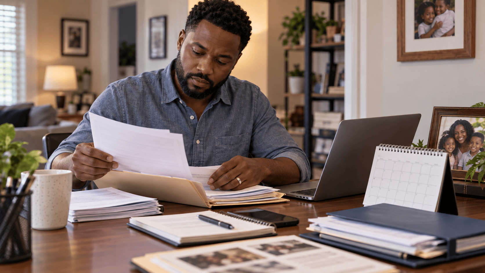 Father reviewing child custody documents and a calendar at home, representing child custody modification, parenting schedules, custody agreements, parental rights, and family law matters.