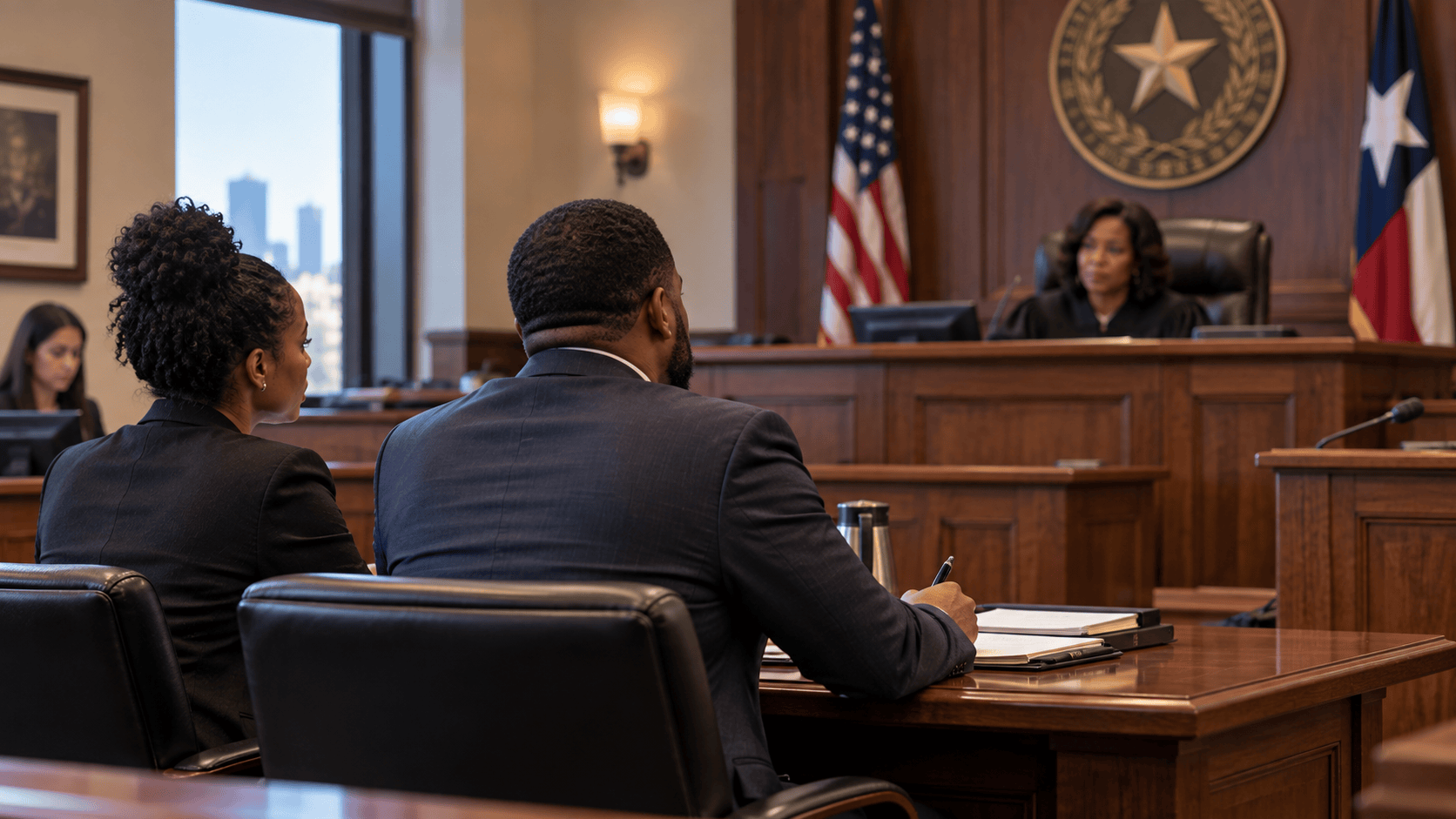 Parents appearing before a judge in a Texas family court, representing child custody modification hearings, custody disputes, parental rights, court proceedings, and family law representation.