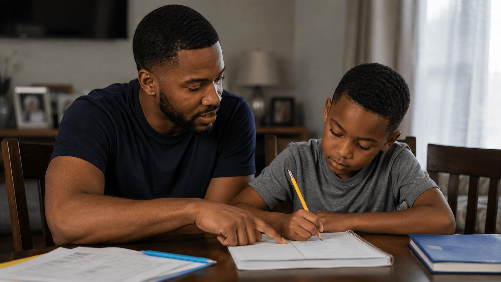 Older Brother helping his younger brother with homework at home, representing sibling adoption, adoptive family relationships, keeping siblings together, family bonding, child stability, and creating a supportive home for adopted siblings.