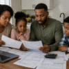 Family reviewing financial documents together at home with a laptop and calculator, representing household budgeting, financial planning, child support expenses, family finances, legal financial preparation, and managing financial responsibilities for children.