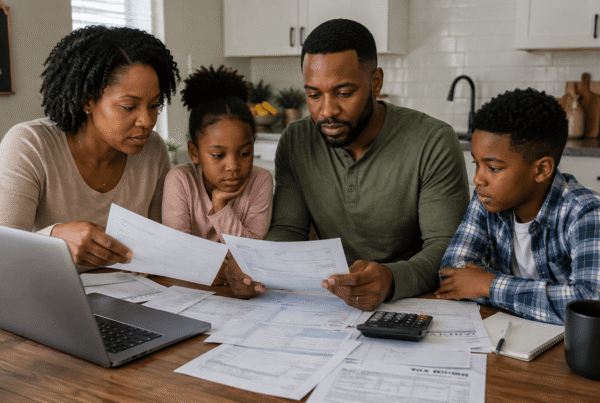 Family reviewing financial documents together at home with a laptop and calculator, representing household budgeting, financial planning, child support expenses, family finances, legal financial preparation, and managing financial responsibilities for children.
