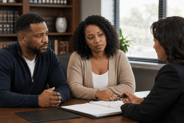 Couple meeting with a family law attorney to discuss sibling adoption, legal requirements, parental rights, adoption paperwork, child custody, and creating a permanent home for siblings.