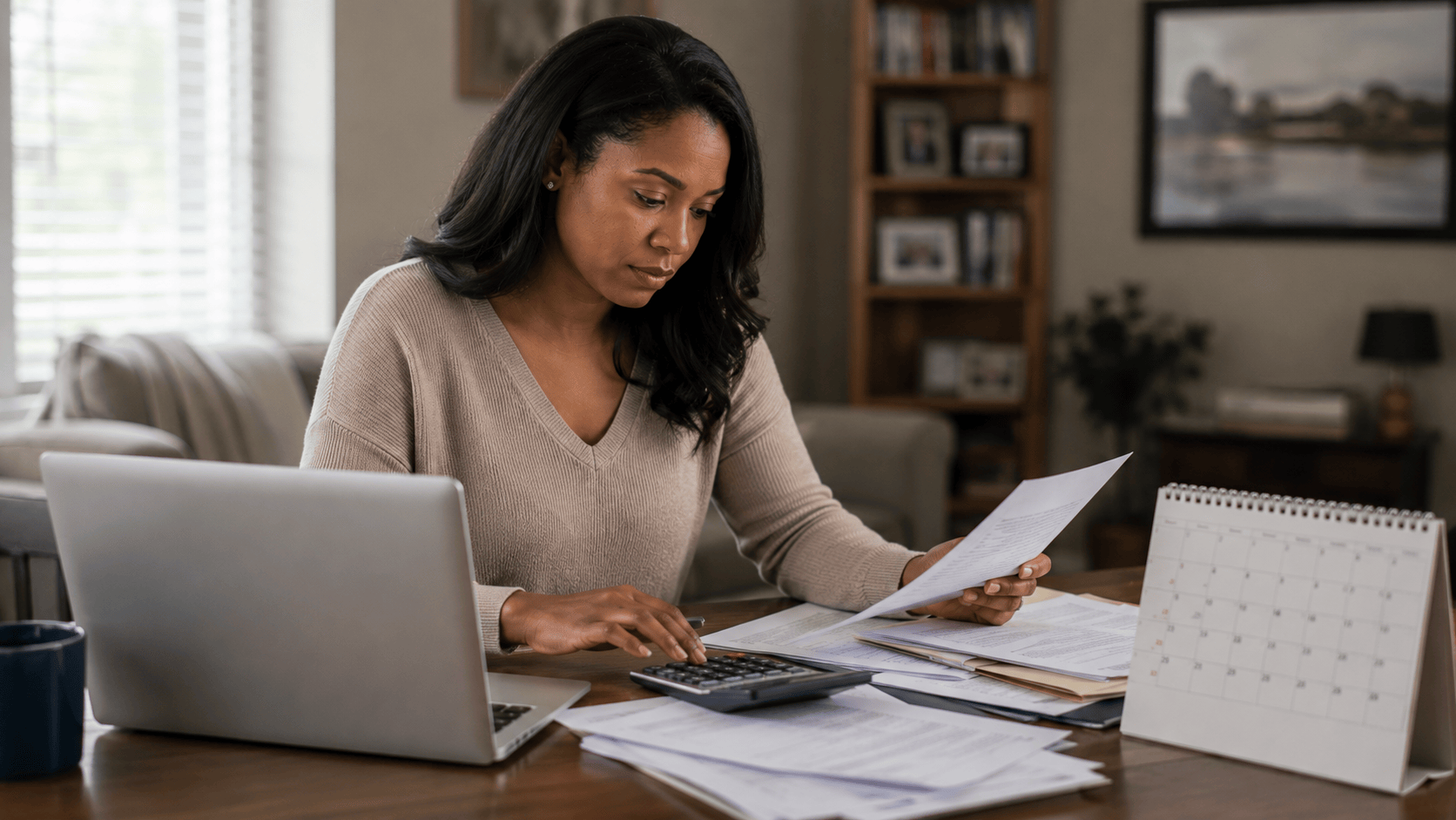 Woman reviewing financial documents and calculating expenses at home with a laptop and calendar, representing divorce mediation costs, family law expenses, financial planning, legal budgeting, and preparing for the divorce process.