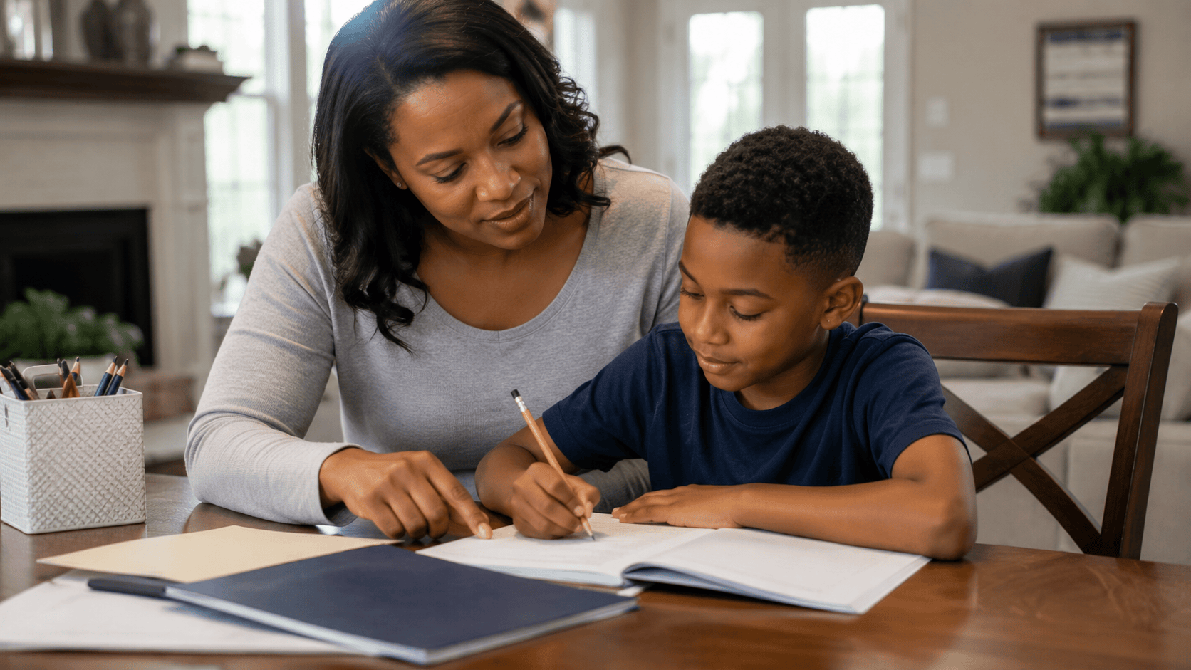 step mom helping his step son doing his homework