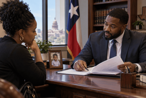 Texas family law attorney consulting with a mother about a child custody case, representing parental rights, custody agreements, child support, family court matters, and legal guidance for parents.