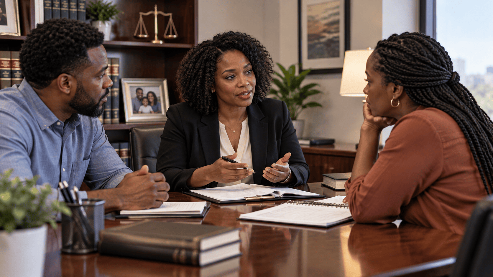 Family law attorney meeting with parents to discuss a child custody modification case, representing custody agreements, parenting plans, parental rights, family court proceedings, and legal guidance.