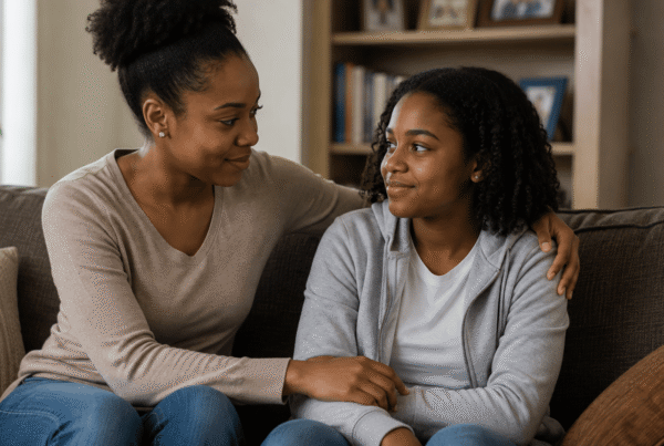Sister comforting and talking with her teenage sibling at home, representing parent-child communication, family support, parental rights, child custody, emotional well-being, family relationships, and protecting a child’s best interests.