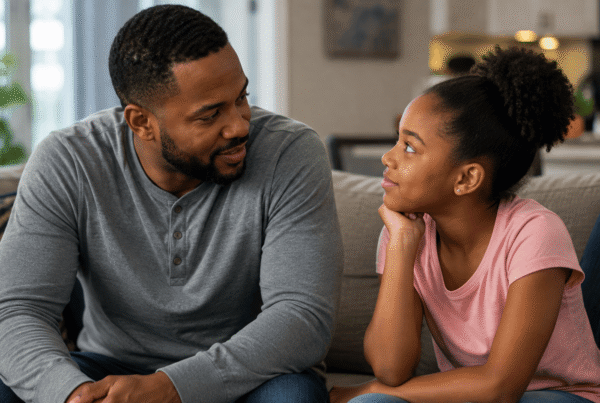 Father talking with his daughter at home, representing sibling adoption, family bonding, adoptive parenting, child well-being, stable family relationships, and creating a supportive home for adopted siblings.