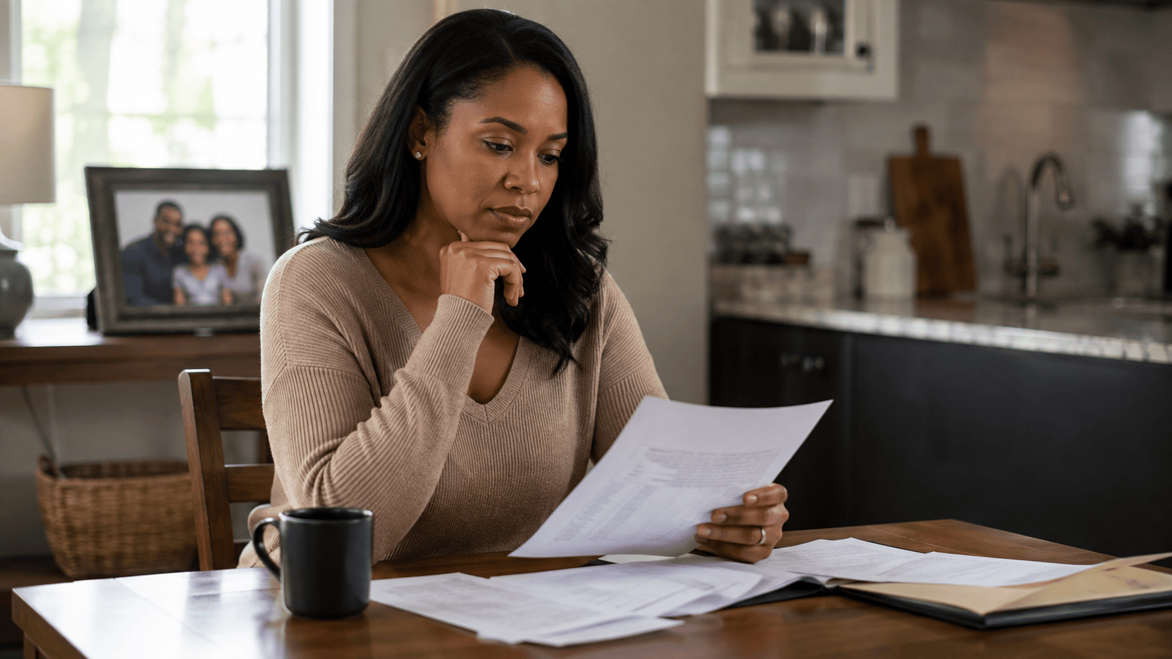 Woman reviewing financial and legal documents at home, representing family law planning, adoption expenses, child custody matters, household finances, legal paperwork, and preparing for important family decisions.