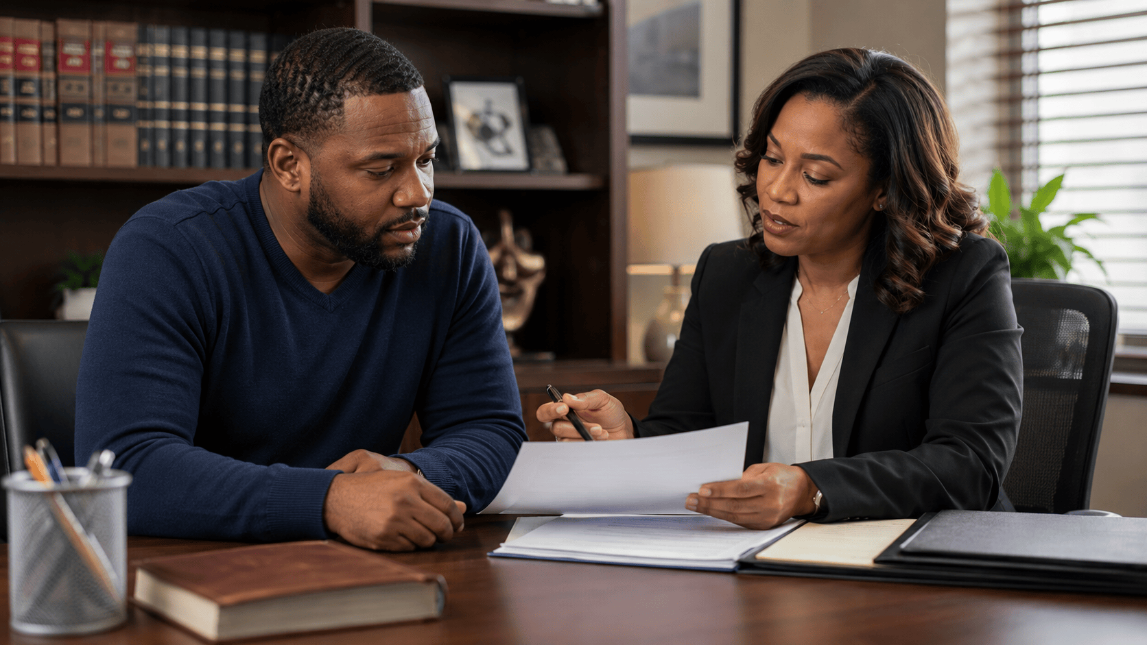 Family law attorney reviewing legal documents with a client, representing sibling adoption, adoption requirements, parental rights, legal paperwork, family court proceedings, and guidance through the sibling adoption process.