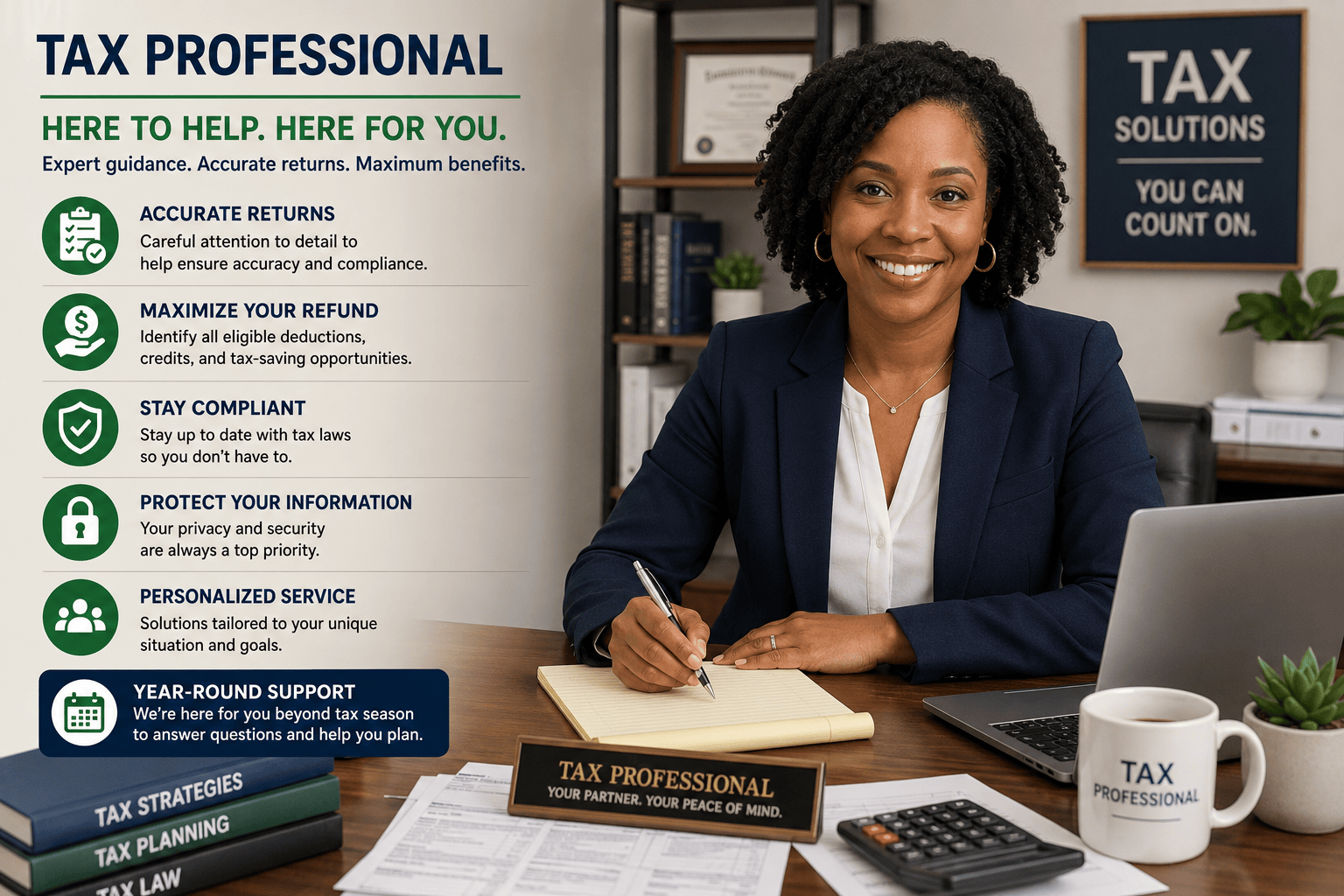 Tax professional working at a desk with tax documents, calculator, and laptop, highlighting accurate tax returns, refund optimization, tax compliance, data privacy, personalized tax planning, and year-round tax support.