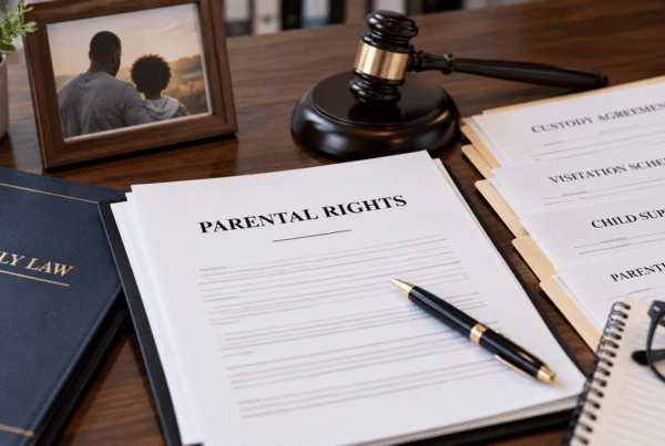 Parental rights and family law documents beside a judge’s gavel, including child custody, visitation, child support, and parenting plan paperwork, representing parental rights and family court matters.