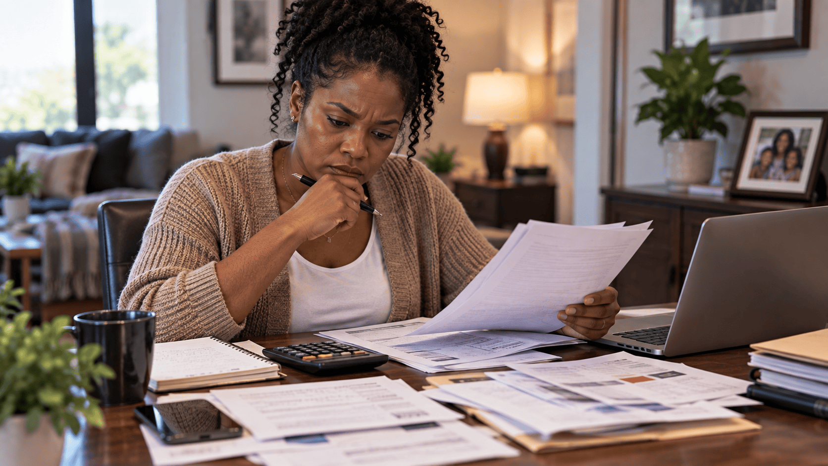 Woman reviewing financial documents and calculating expenses during a divorce, representing property division, marital assets, divorce finances, spousal support, financial disclosure, and family law matters.