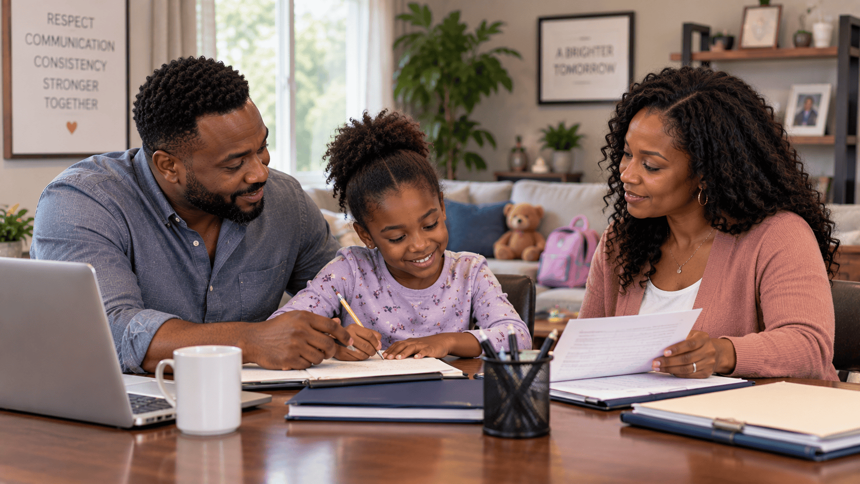 Parents helping their daughter with schoolwork at home, representing cooperative parenting, child custody arrangements, parenting plans, shared parental responsibilities, and a child’s best interests in family law matters.
