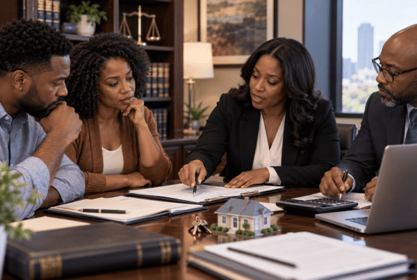 Couple meeting with family law attorneys to review property division documents, representing divorce asset division, marital property, financial settlements, Texas community property, and legal guidance during divorce.