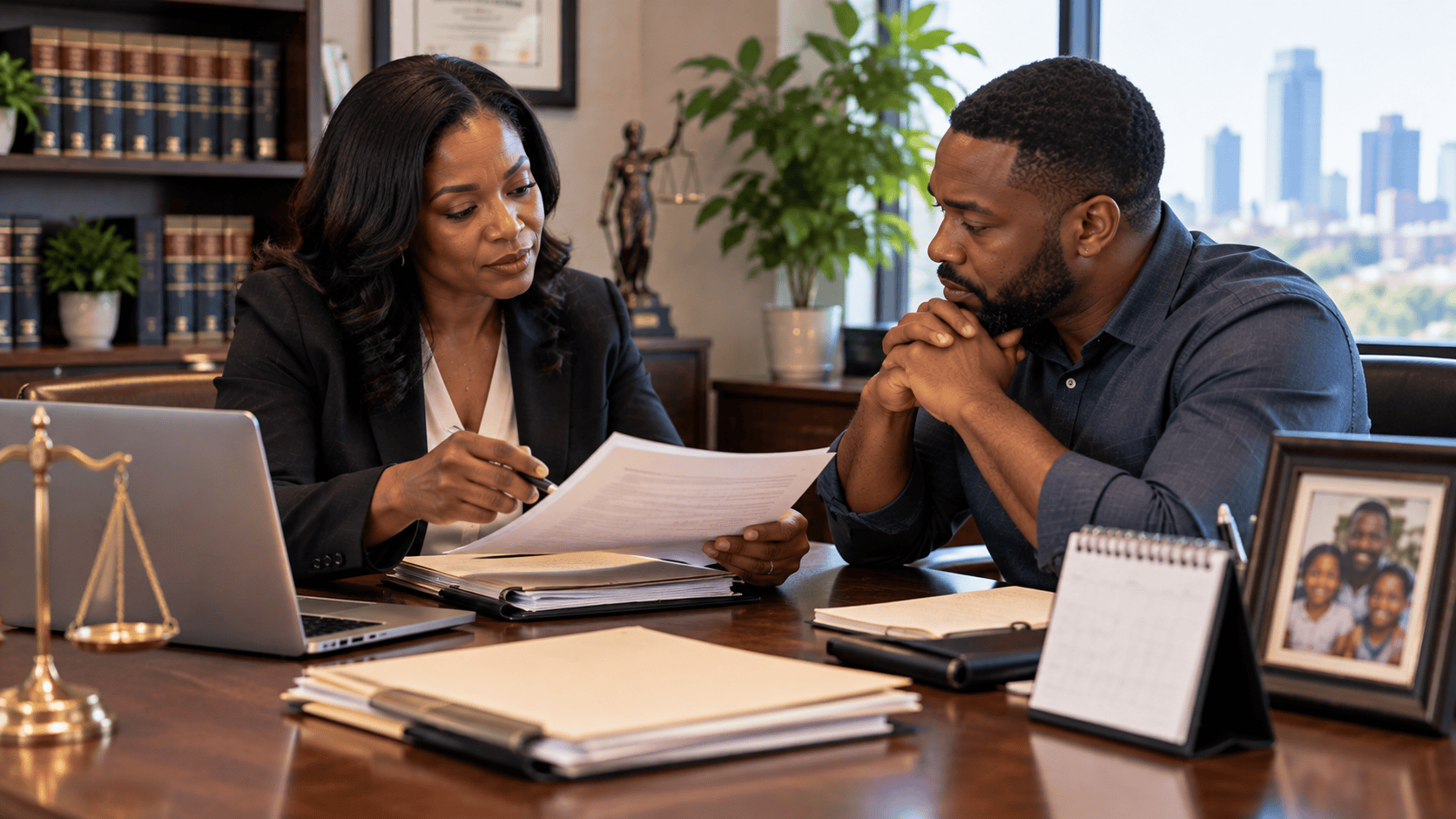 Family law attorney reviewing parental rights documents with a father, representing child custody, visitation, parenting plans, child support, parental rights, and legal guidance for family court matters.