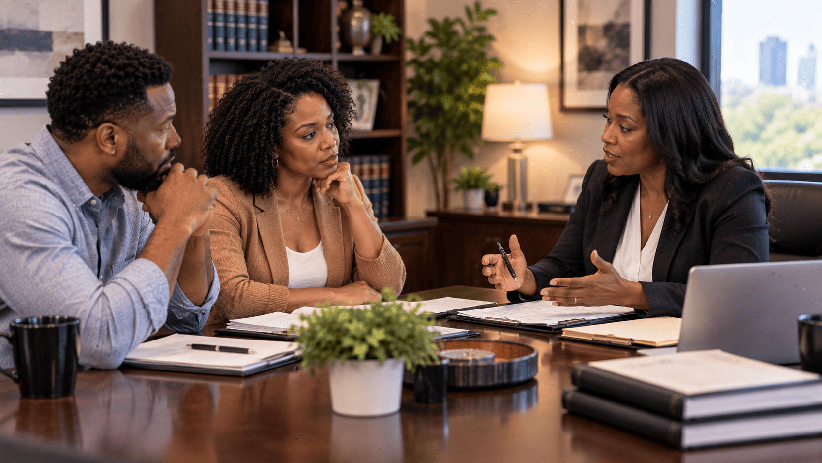 Couple consulting with a family law attorney about spousal support, representing alimony, divorce financial agreements, support negotiations, legal rights, and family law guidance.