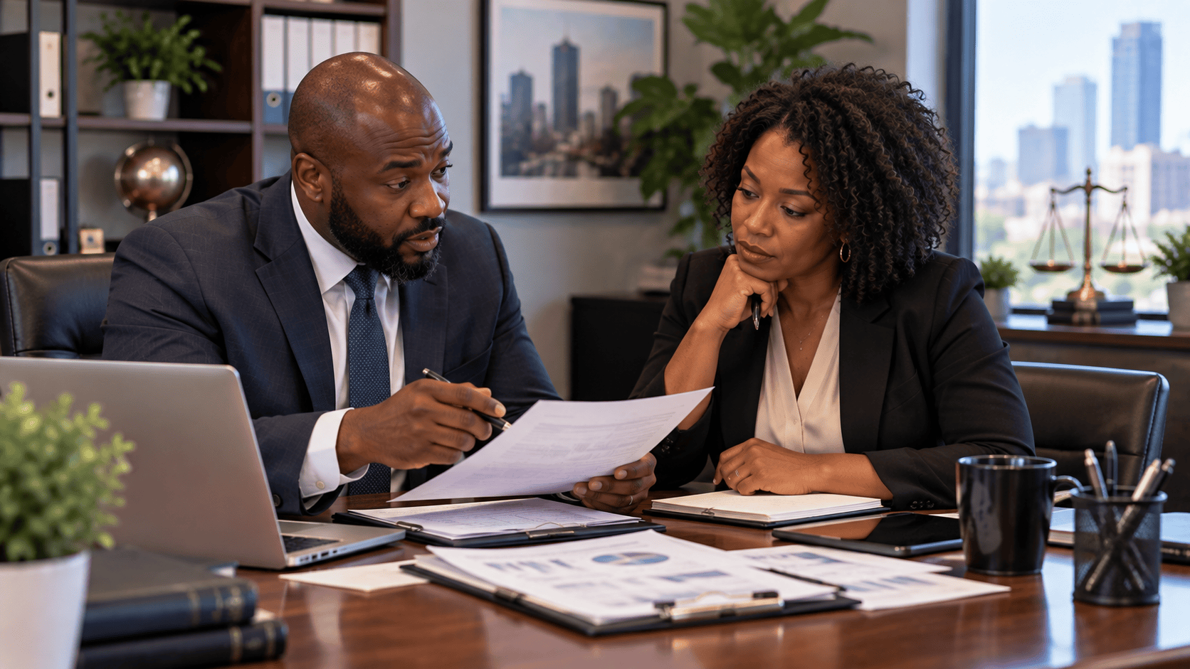 Family law attorney reviewing financial documents with a client, representing divorce property division, marital assets, financial disclosure, settlement negotiations, spousal support, and legal guidance.